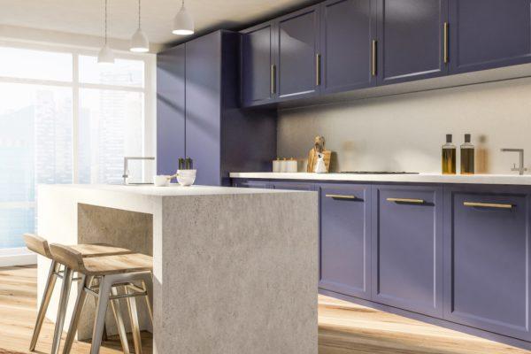 Purple countertops kitchen interior side view