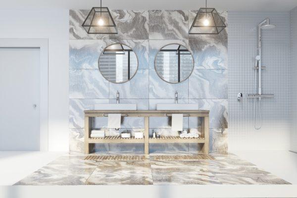 Marble bathroom, double sink round mirrors